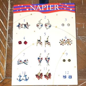 Napier Patriotic USA Star and Flag Earring Set - Red, White, Blue 12 Pair New